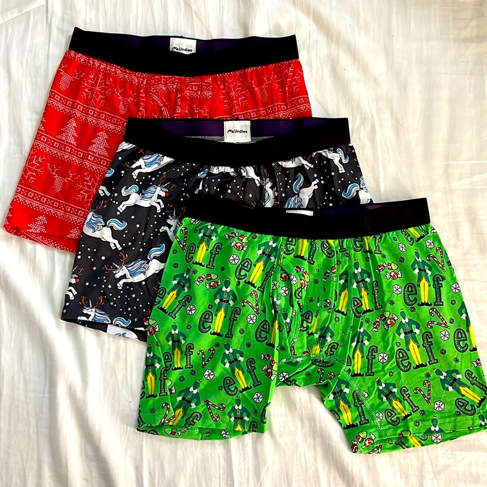 🆕 3 PACK MeUndies Men Boxer Briefs Holiday Fair Isle, Winter Unicorn, Buddy Elf